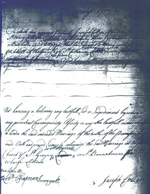 Marriage Licence Allegation - Joseph Collyer m Mary Mitchell, London, 1738